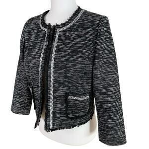 Frenchi Size L Tweed Crop Blazer Jacket Black and White Fringe Trim Preppy Fall